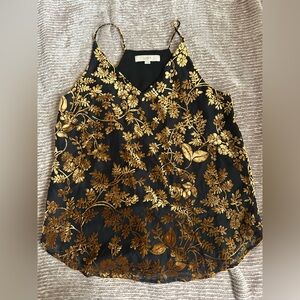 LOFT Black and Gold Embroidered Tank Top
